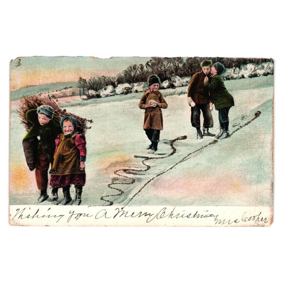Vintage 1906 Christmas Postcard Children Snow Scene Used Benjamin Franklin Stamp - Picture 1 of 2